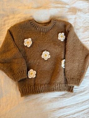 Zara Brown Crewneck Sweater with White & Yellow Floral Appliqués